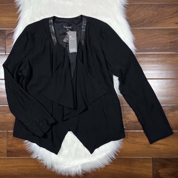 Eileen Fisher Sz Small Black Open Front Georgette Silk Crepe Blazer Jacket *READ - Picture 1 of 12